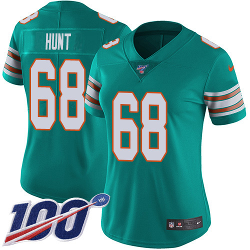 Nike Miami Dolphins 68 Robert Hunt Aqua Green Alternate Women Stitched NFL 100th Season Vapor Untouchable Limited Jersey